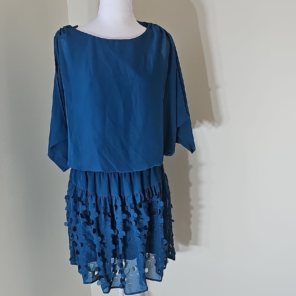 Chic Blue Dress with‎ Sheer Overlay